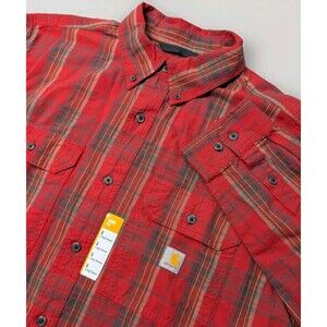 Carhartt Men’s Large Loose Fit Red Gray Plaid Long Sleeve Button Down Shirt